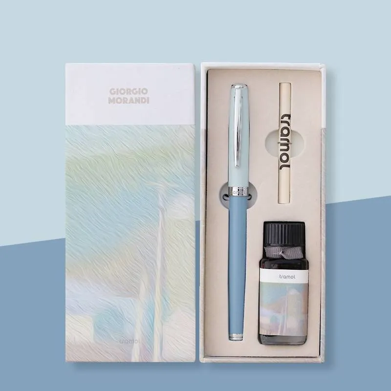 Metal fountain pen with iridium nib and rotary ink suction in Morandi blue colour 0.5mm tip