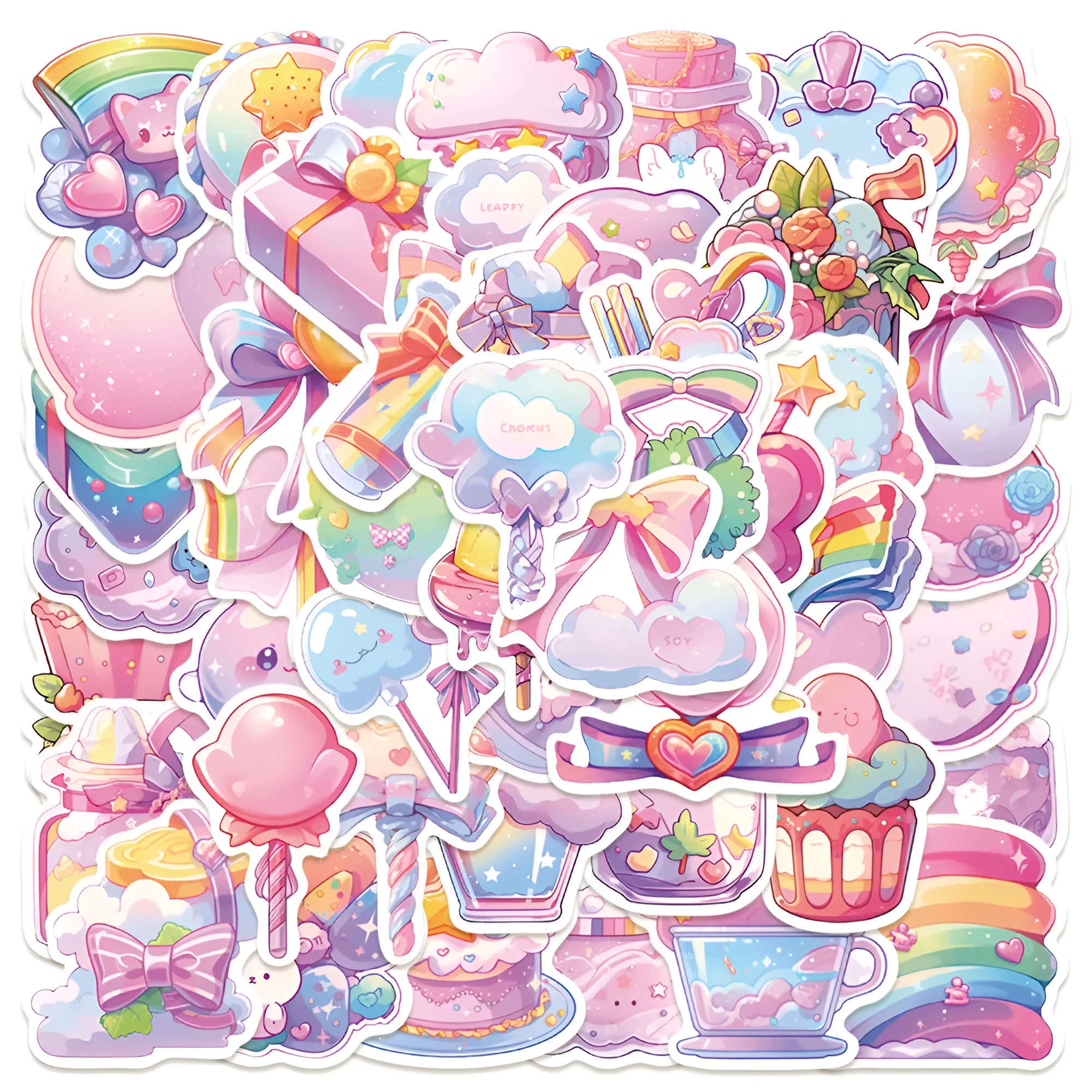 Pack of fresh candy-coloured decorative stickers with small object designs, scale showing 4-7 cm size.