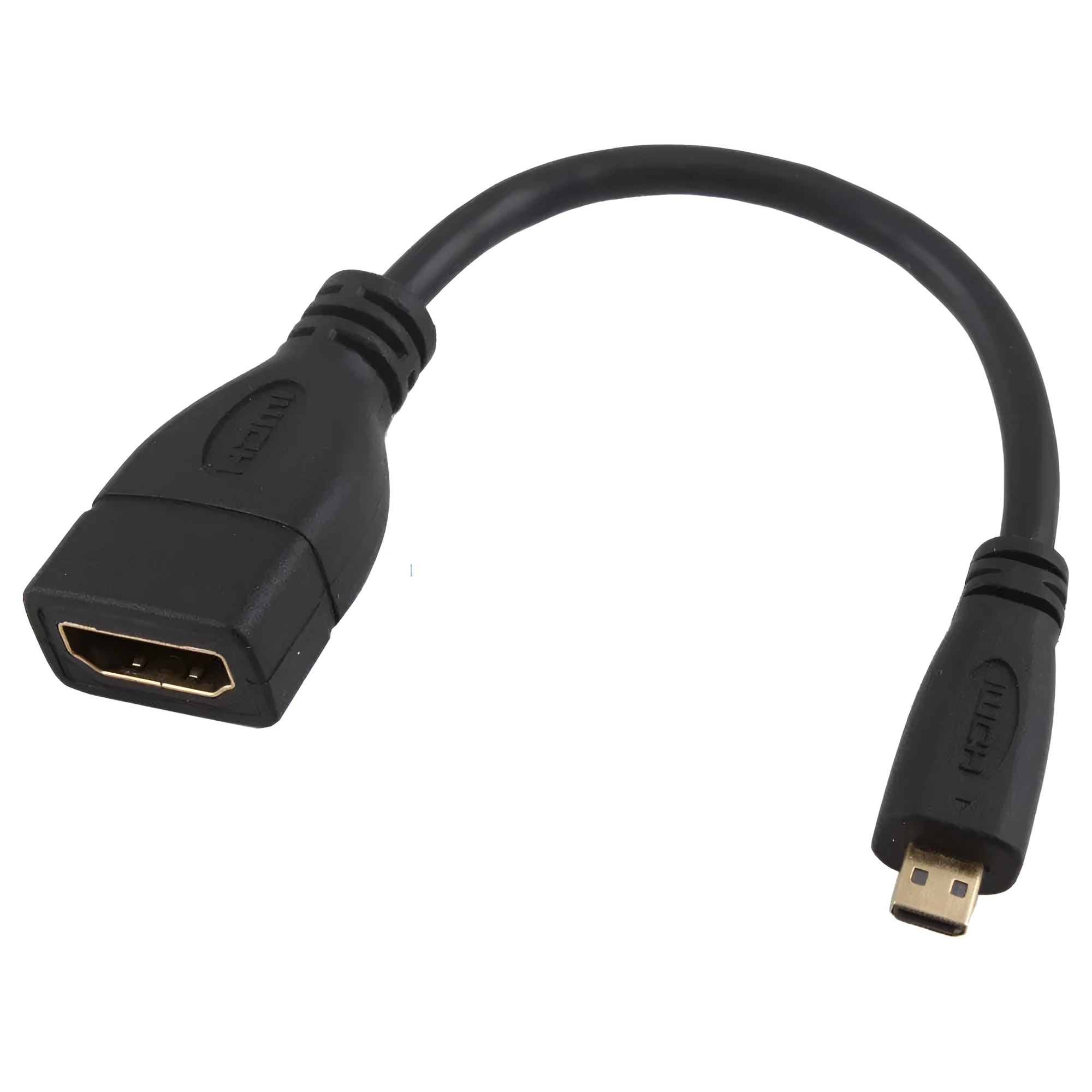 Black HDMI female to Micro HDMI male stub cable 0.15m short adapter on white background