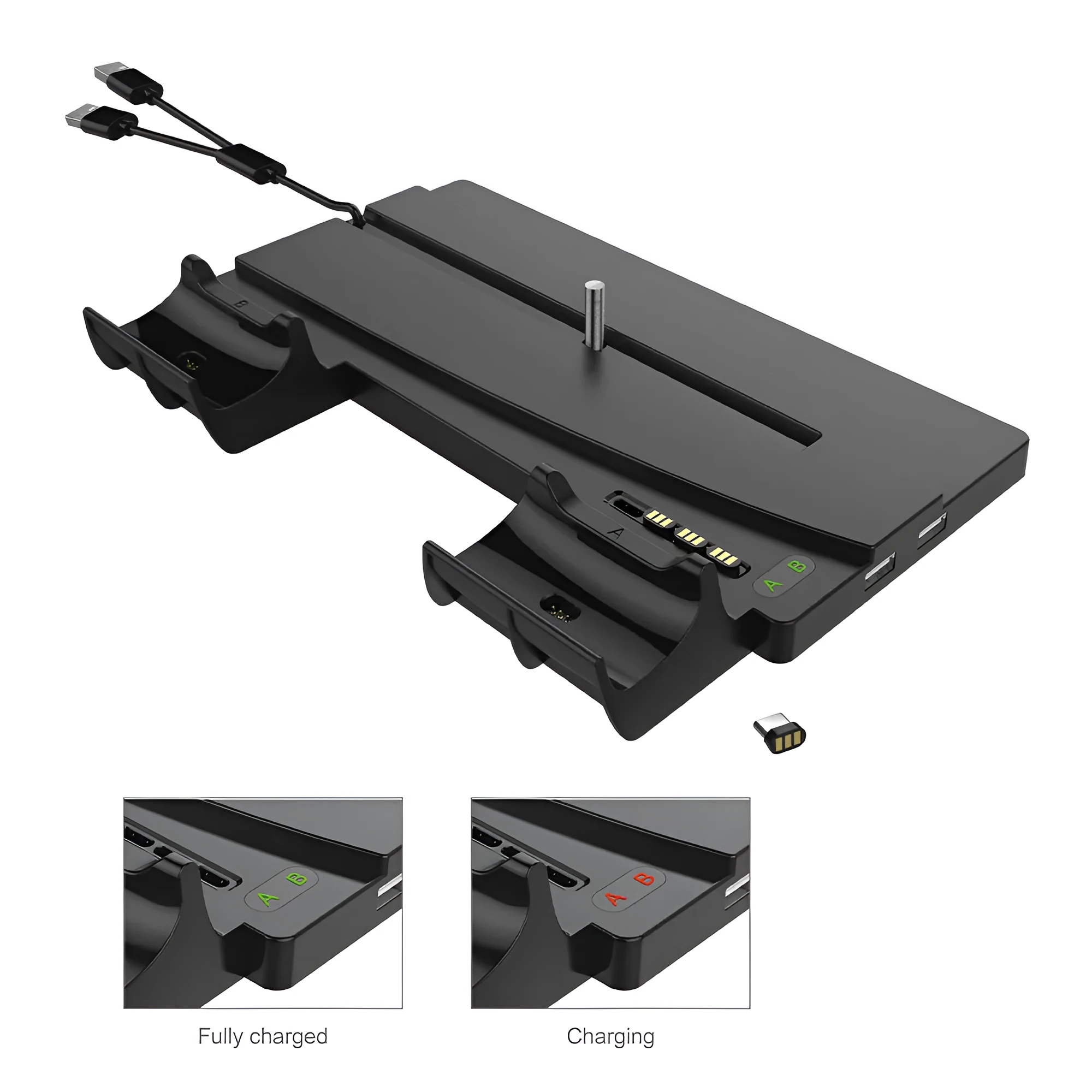 Black PS5 multi-function charger stand with ABS build and USB port for host and controller