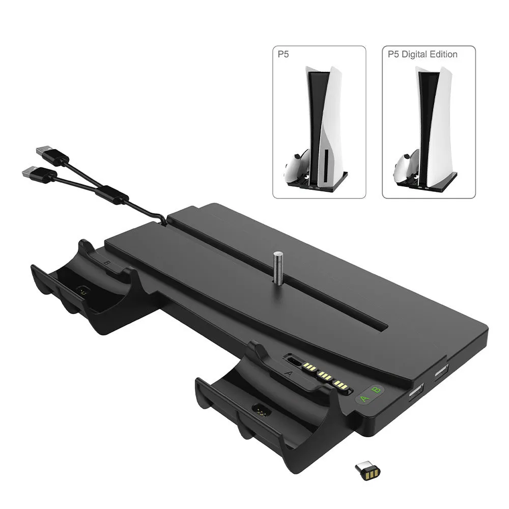 Black PS5 multi-function charger stand with ABS build and USB port for host and controller