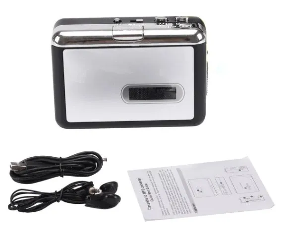 White USB Cassette to MP3 Converter with earphone and USB cable on desk