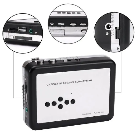 White USB Cassette to MP3 Converter with earphone and USB cable on desk