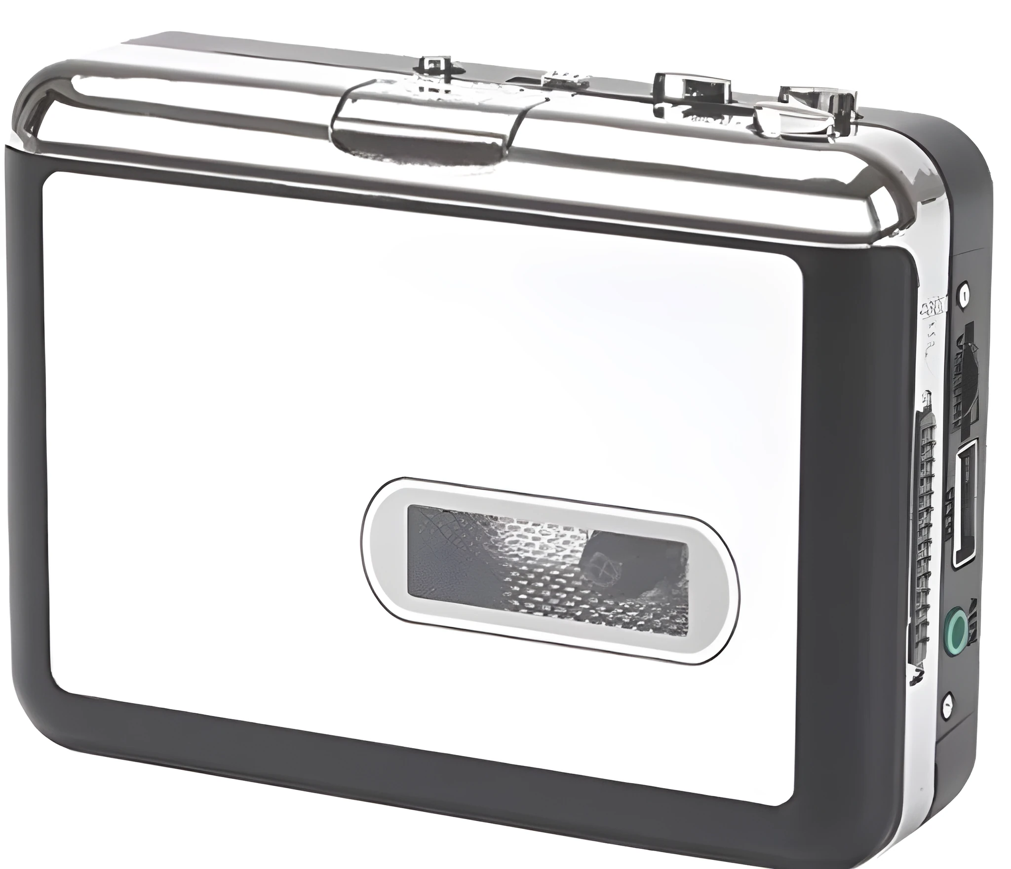 White USB Cassette to MP3 Converter with earphone and USB cable on desk