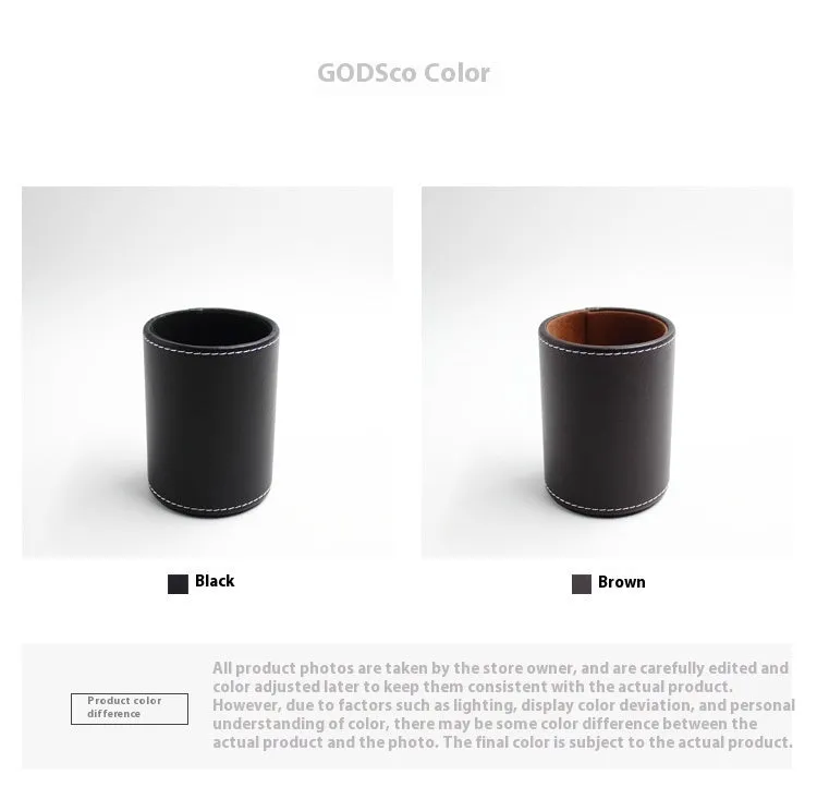 Black leather cylindrical pen holder measuring 8cm wide × 10.8cm tall on desk