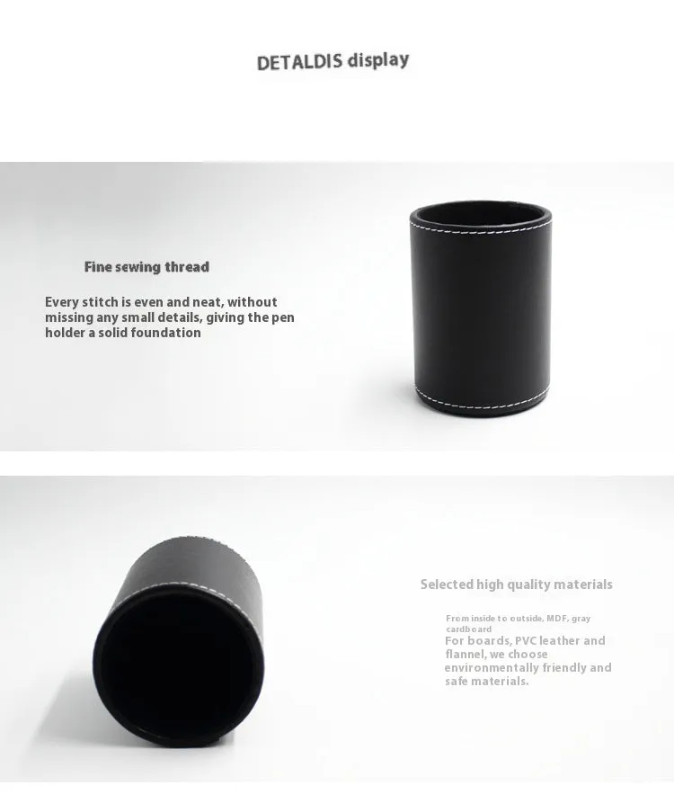 Black leather cylindrical pen holder measuring 8cm wide × 10.8cm tall on desk
