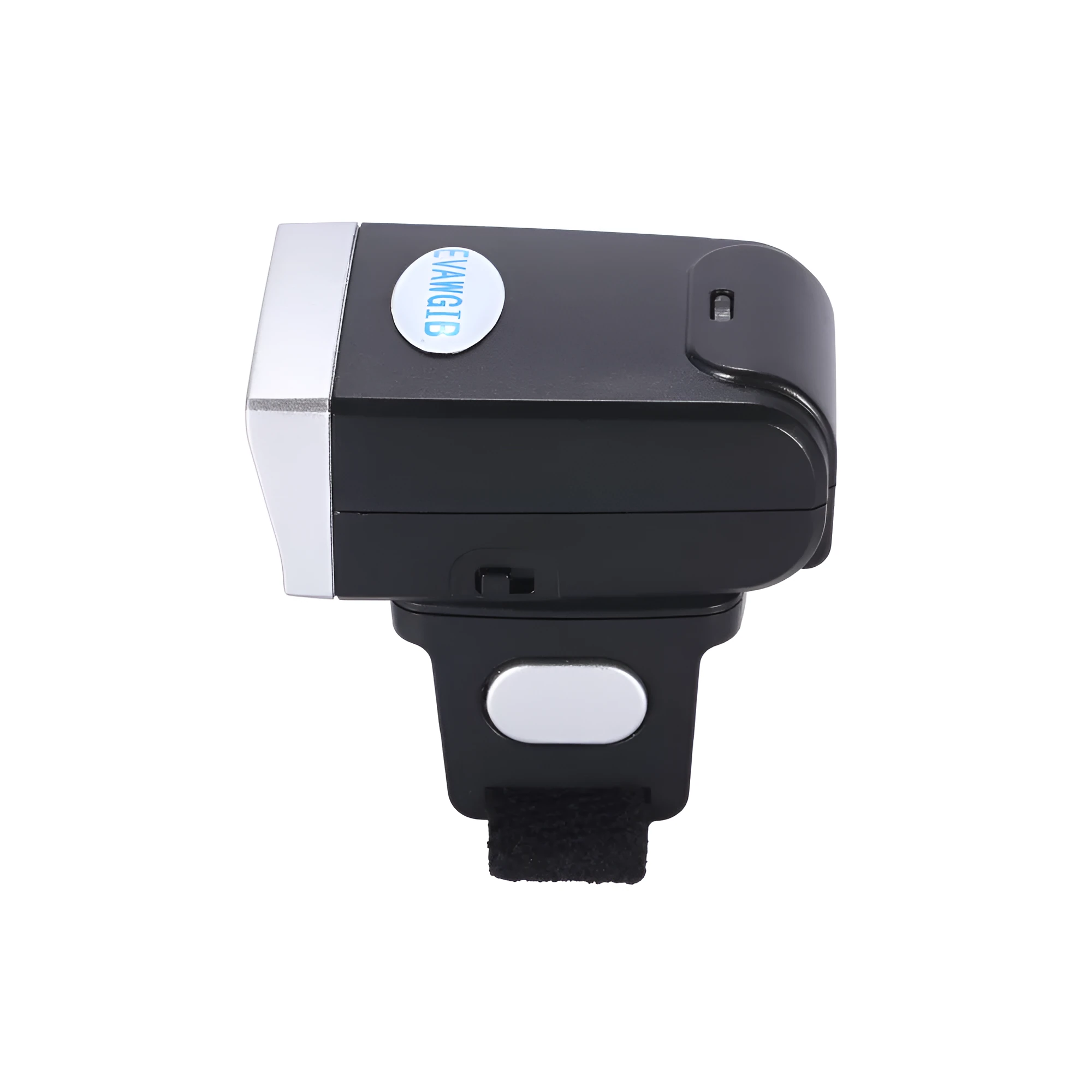 Black ring wearable Bluetooth barcode scanner on finger, compatible with Apple iOS and Android