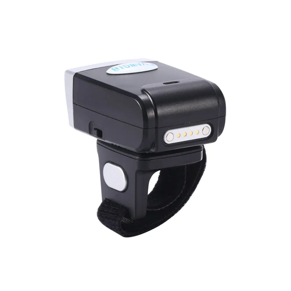 Black ring wearable Bluetooth barcode scanner on finger, compatible with Apple iOS and Android