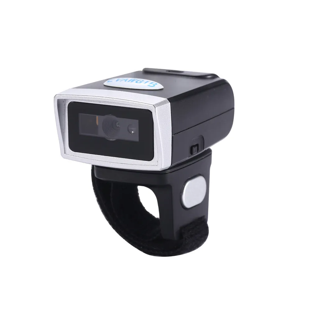 Black ring wearable Bluetooth barcode scanner on finger, compatible with Apple iOS and Android