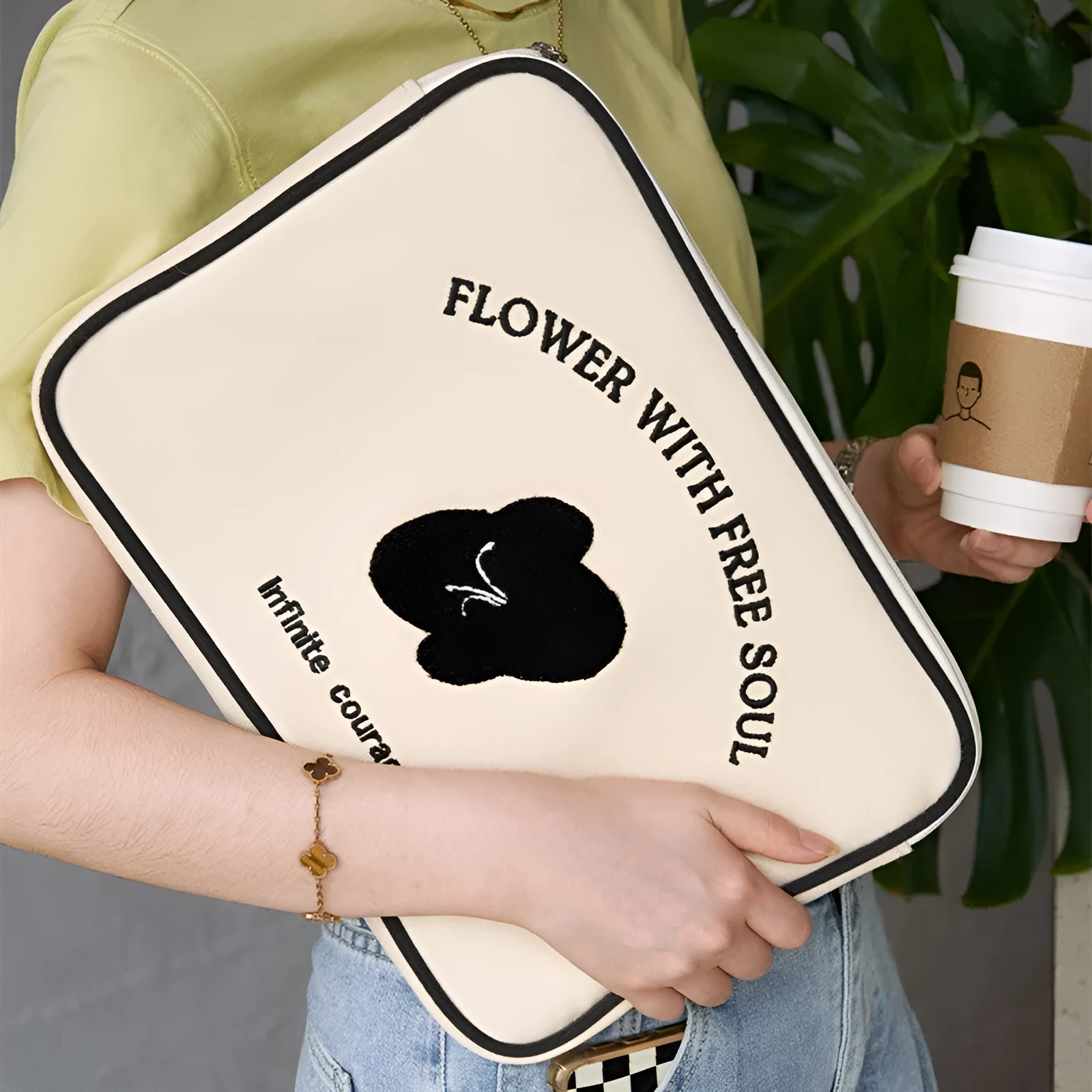 Canvas notebook liner bag with embroidery line terms flowers pattern in simplicity style