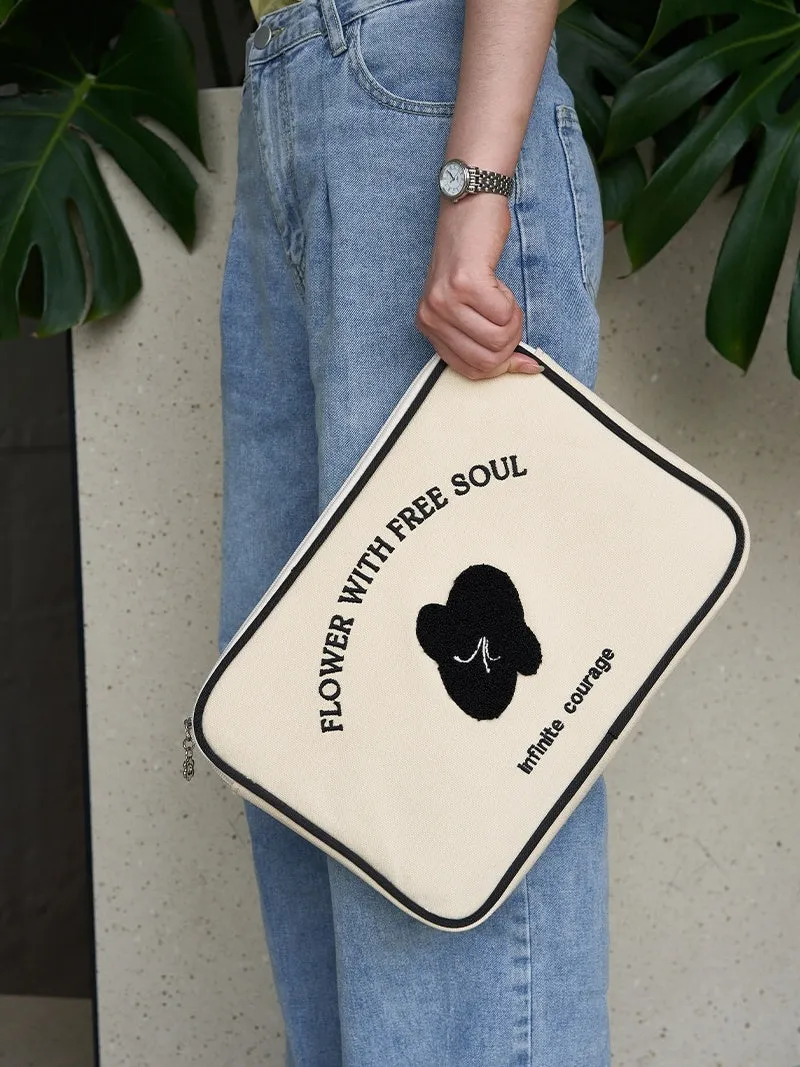 Canvas notebook liner bag with embroidery line terms flowers pattern in simplicity style