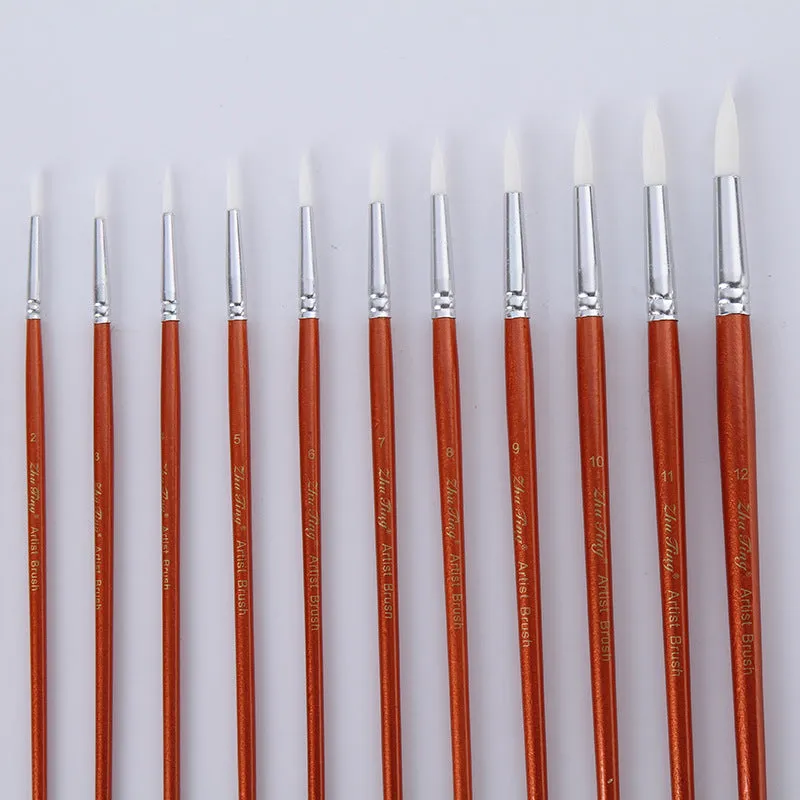 12 piece round nylon hair paint brush set with wooden handles for art school watercolour and acrylic painting