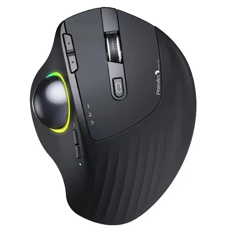 Black wireless trackball mouse with dual-mode 2.4G Bluetooth, rechargeable, luminous accent, 2400 DPI, 13x20x6cm