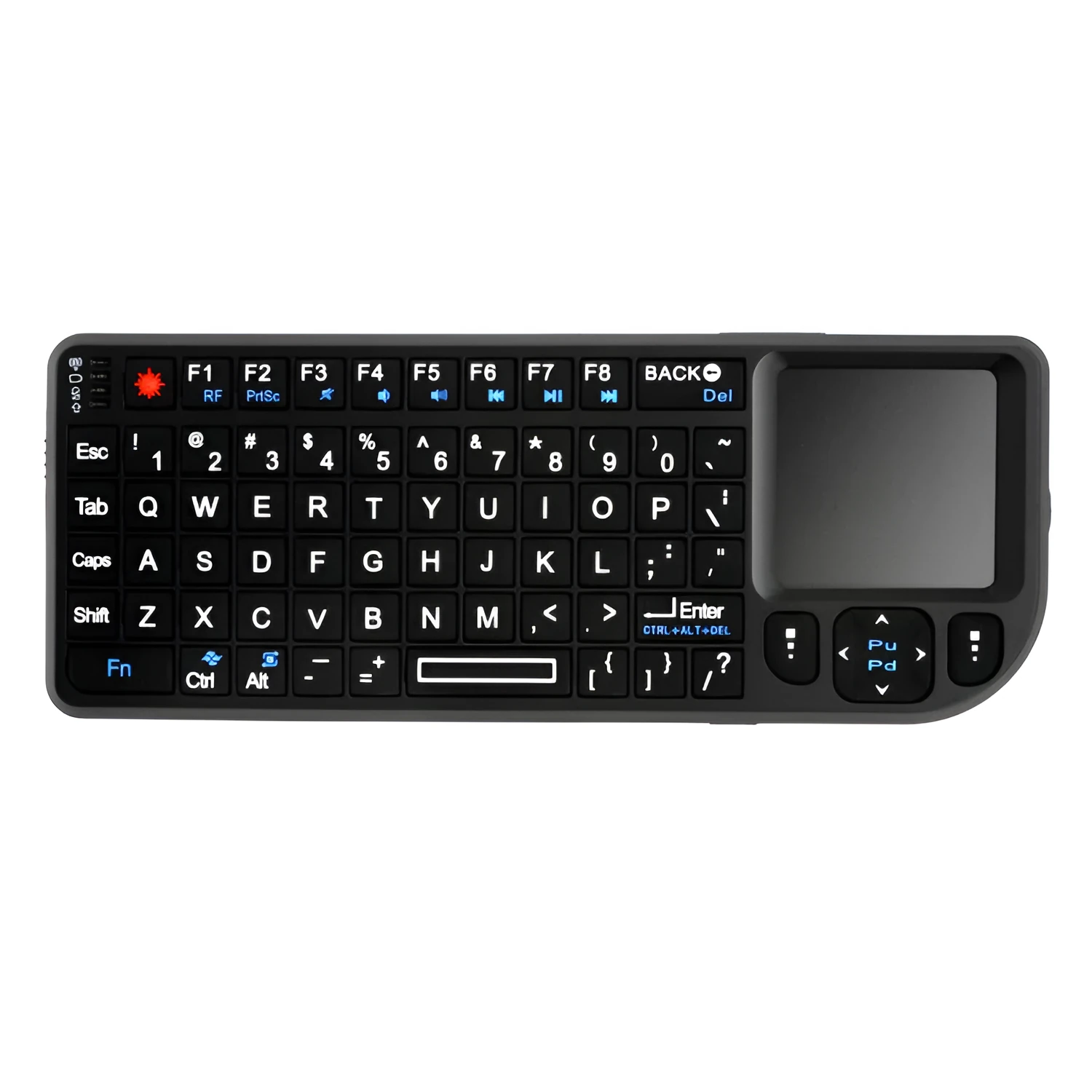Mini wireless Bluetooth laser touch keyboard flying squirrel with 7-colour backlight, black ABS casing, 69 keys