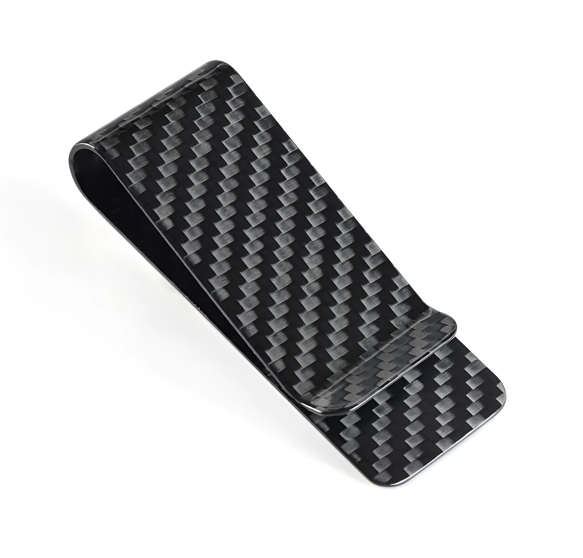 Glossy black genuine carbon fiber money clip on a flat surface, showing striped pattern and slim profile