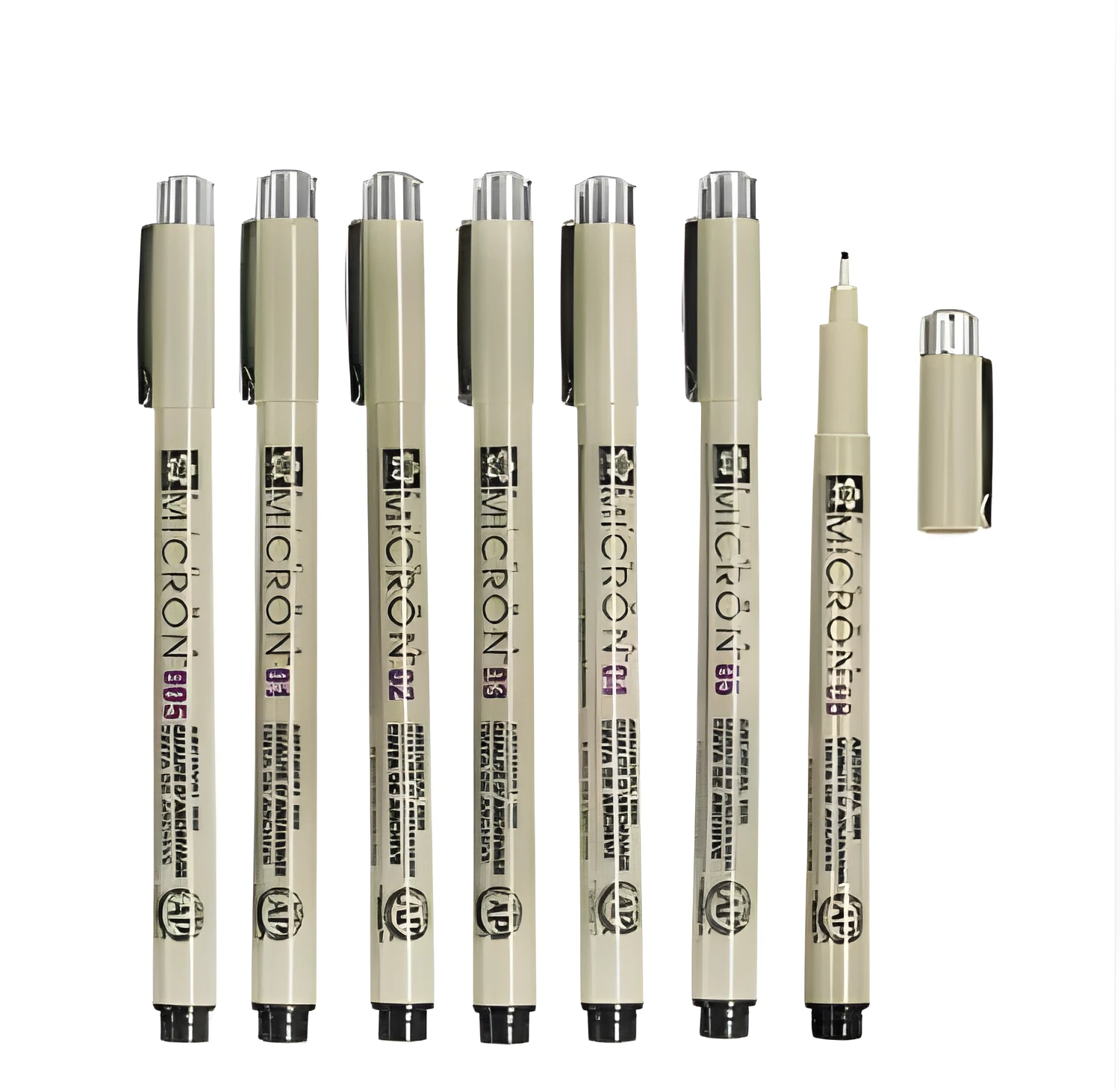 Pack of 7 Sakura Pigma Micron needle sketch pens with assorted nib sizes 0.2mm to 0.5mm on white background