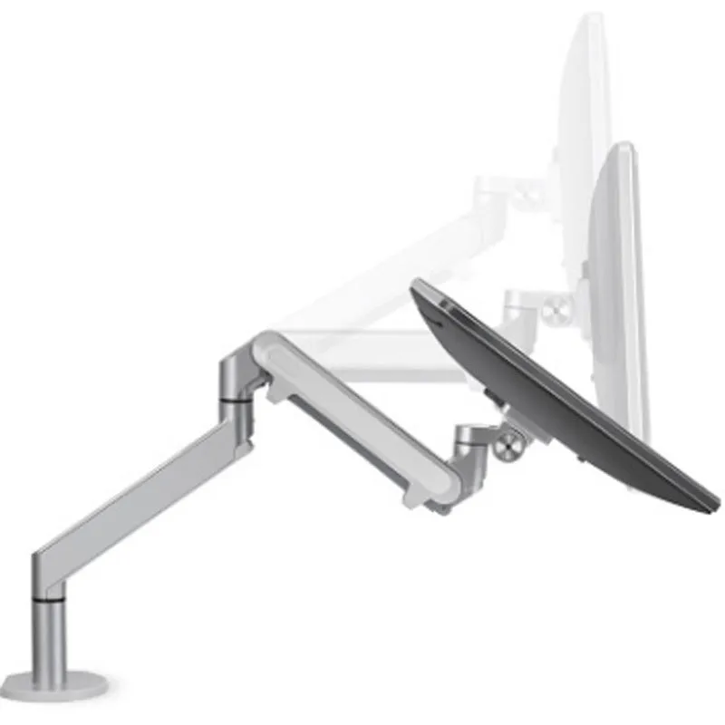 Aluminium alloy computer stand with adjustable arm bracket in silver colour supporting a laptop