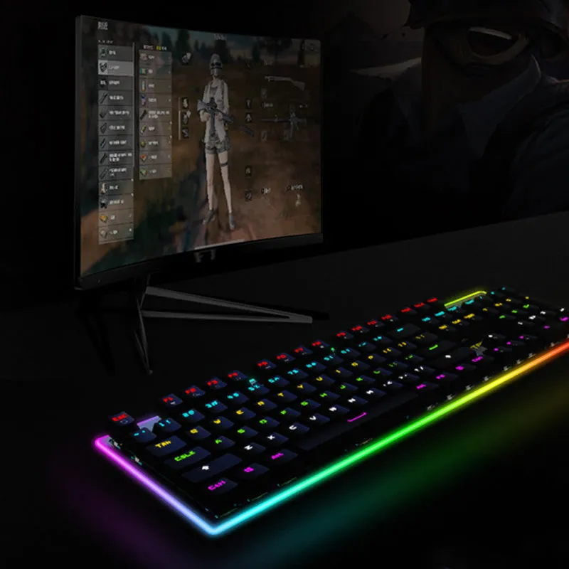 Real wired mechanical keyboard with 104 keys, RGB backlight, metal frame, and USB cable for desktop use