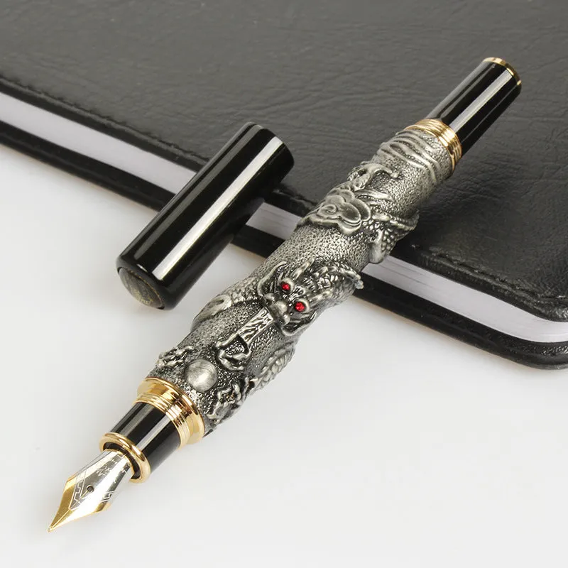 Oriental Dragon fountain pen with metal shell and iridium nib in ancient silver finish