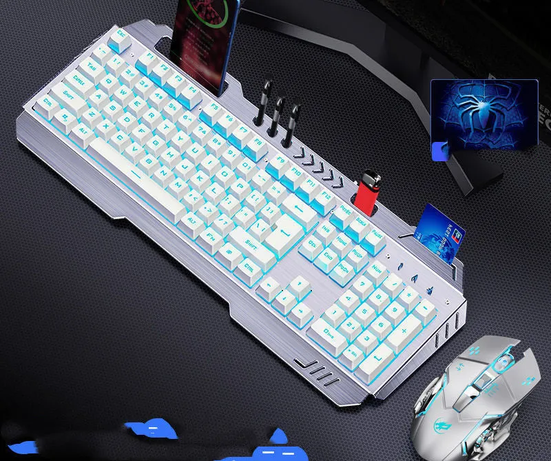 Wired mechanical keyboard with light effects, macro mouse, and earphone three-piece suite in metal black and silver white