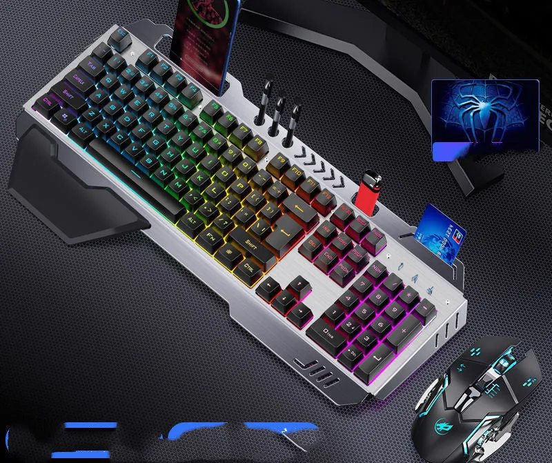 Wired mechanical keyboard with light effects, macro mouse, and earphone three-piece suite in metal black and silver white