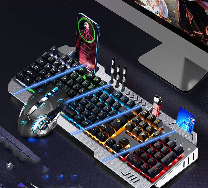 Wired mechanical keyboard with light effects, macro mouse, and earphone three-piece suite in metal black and silver white