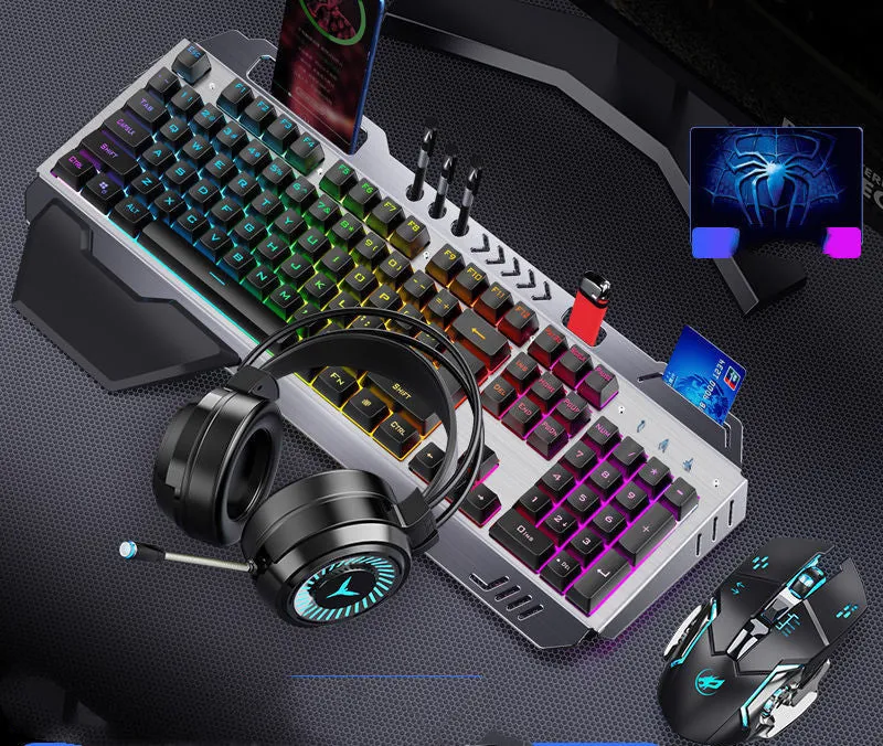 Wired mechanical keyboard with light effects, macro mouse, and earphone three-piece suite in metal black and silver white