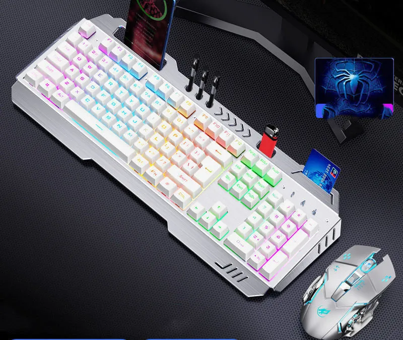 Wired mechanical keyboard with light effects, macro mouse, and earphone three-piece suite in metal black and silver white
