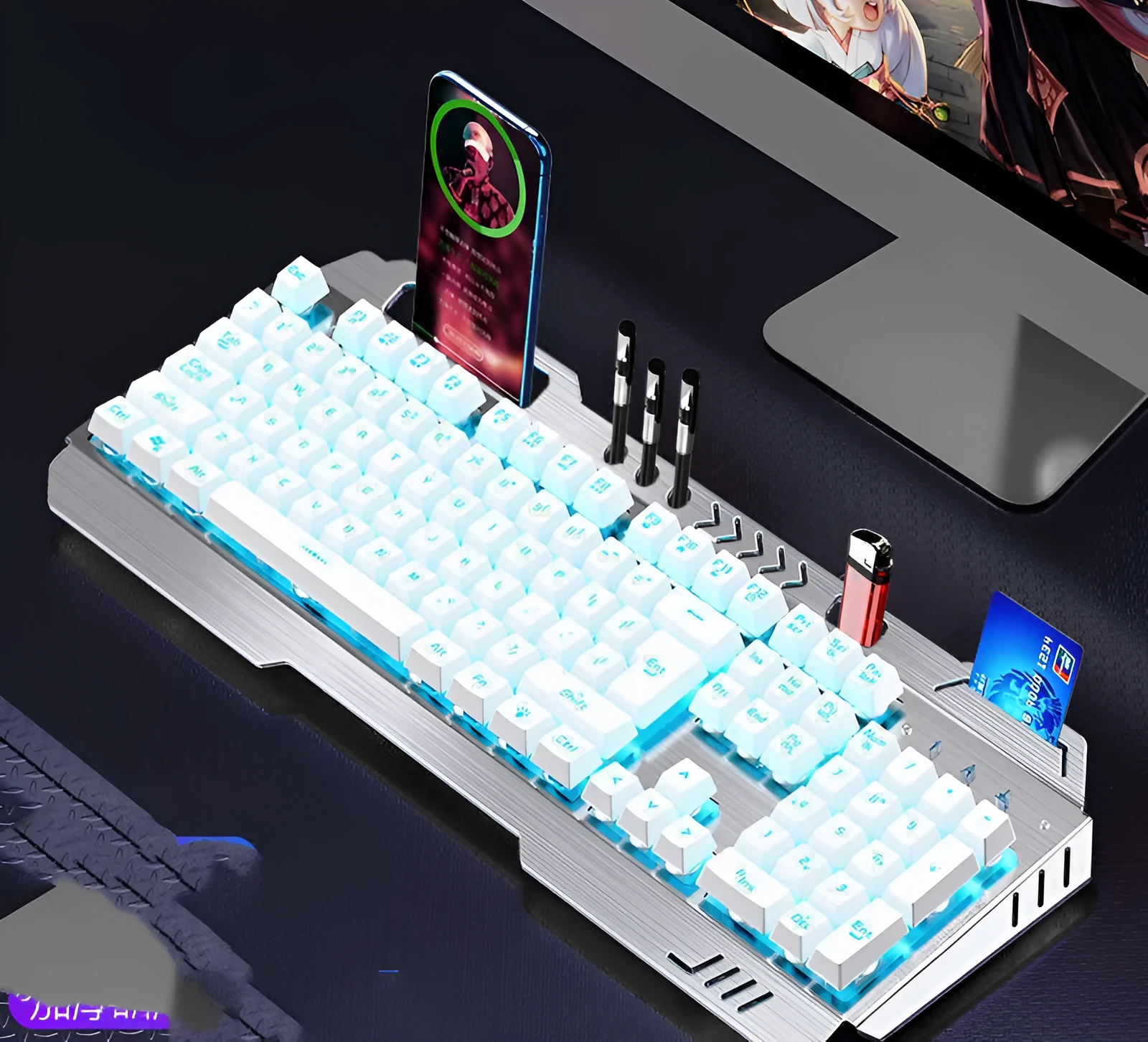 Wired mechanical keyboard with light effects, macro mouse, and earphone three-piece suite in metal black and silver white