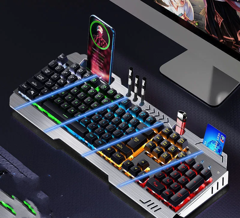 Wired mechanical keyboard with light effects, macro mouse, and earphone three-piece suite in metal black and silver white