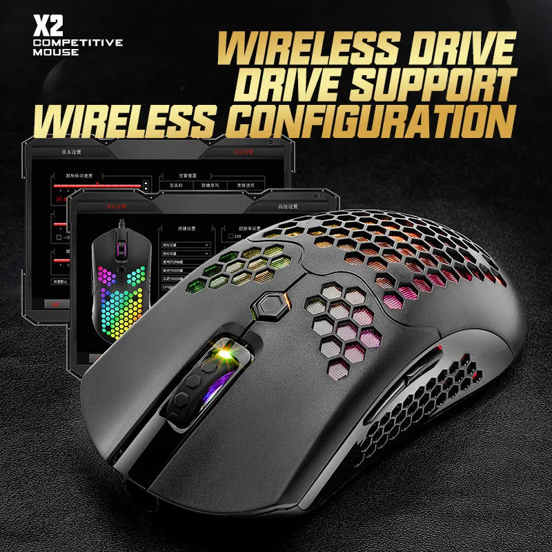 Free Wolf X2 wireless RGB gaming mouse in multiple colours on a desk.