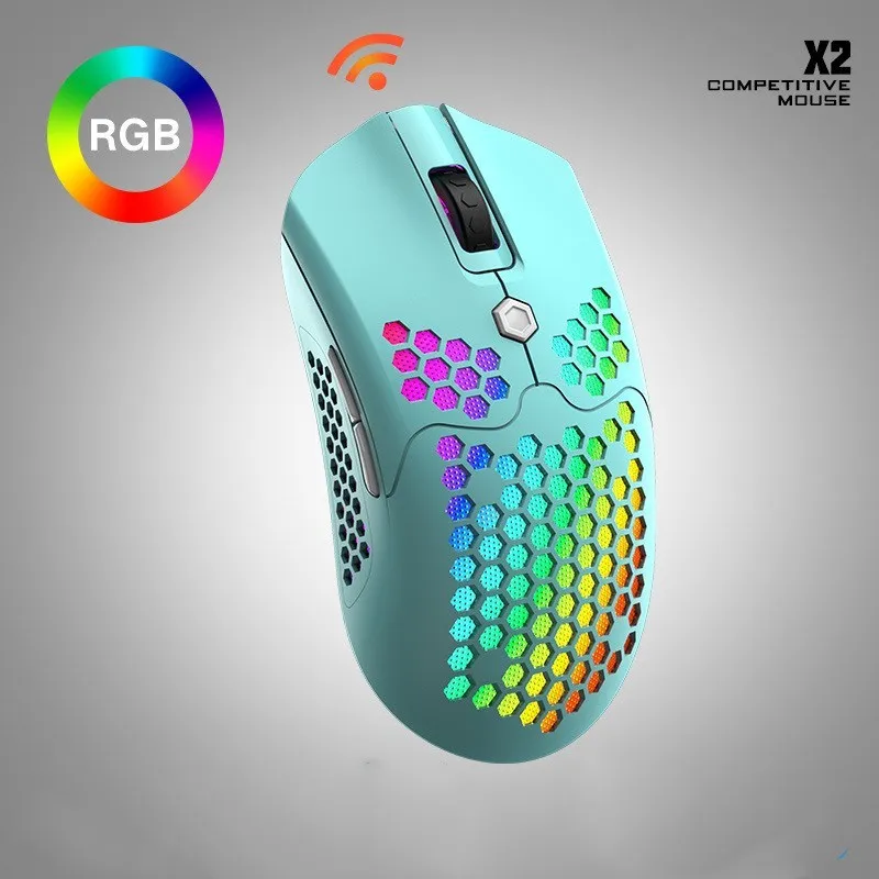 Free Wolf X2 wireless RGB gaming mouse in multiple colours on a desk.