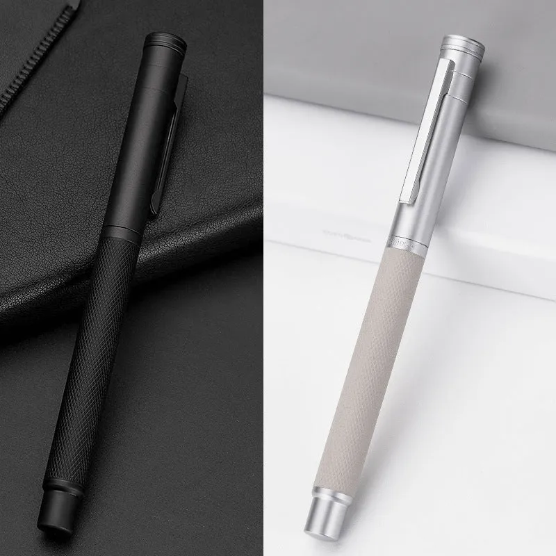 Metal fountain pen in business gift box with titanium iridium gold nib, black body, and black forest colour option