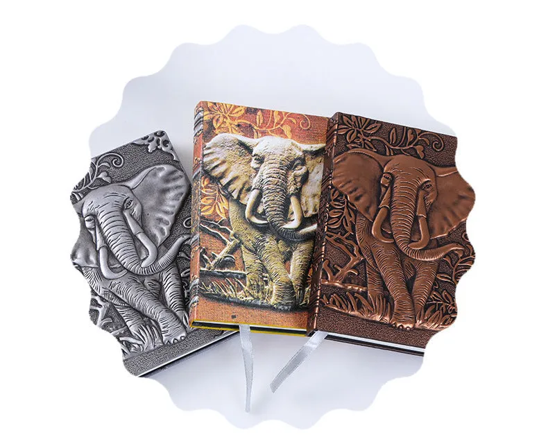 Hardcover PU leather notebook with embossed retro cover and brushed bronze details, open at 180 degrees showing beige pages