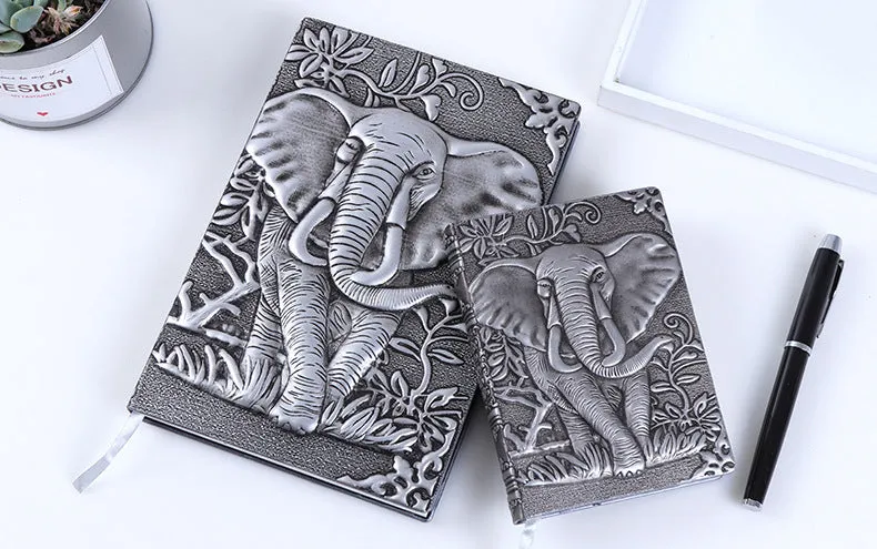 Hardcover PU leather notebook with embossed retro cover and brushed bronze details, open at 180 degrees showing beige pages