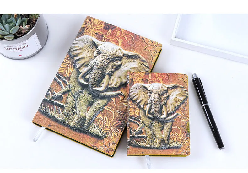 Hardcover PU leather notebook with embossed retro cover and brushed bronze details, open at 180 degrees showing beige pages