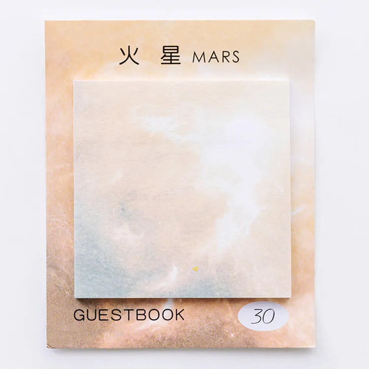 Square planet oil painting sticky notes pad showing Earth, Mars, Mercury designs