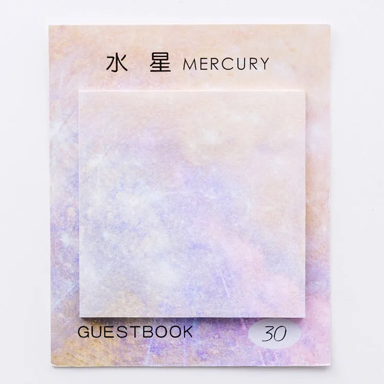 Square planet oil painting sticky notes pad showing Earth, Mars, Mercury designs