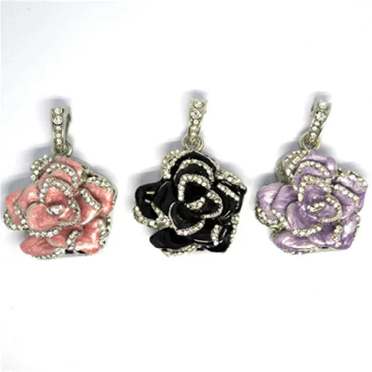 Diamond-studded metal rose flower crystal USB flash drive with USB 2.0 interface in blue colour option