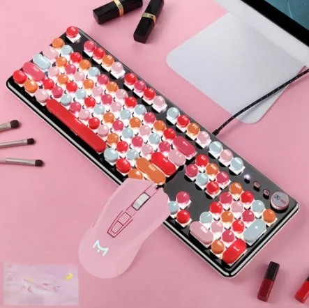 Macaron wired mechanical keyboard and green axis mouse set in rose red with white light cyan shaft