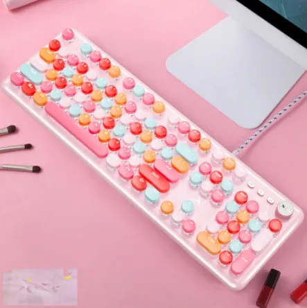 Macaron wired mechanical keyboard and green axis mouse set in rose red with white light cyan shaft