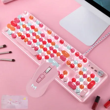 Macaron wired mechanical keyboard and green axis mouse set in rose red with white light cyan shaft