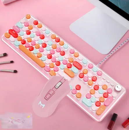 Macaron wired mechanical keyboard and green axis mouse set in rose red with white light cyan shaft