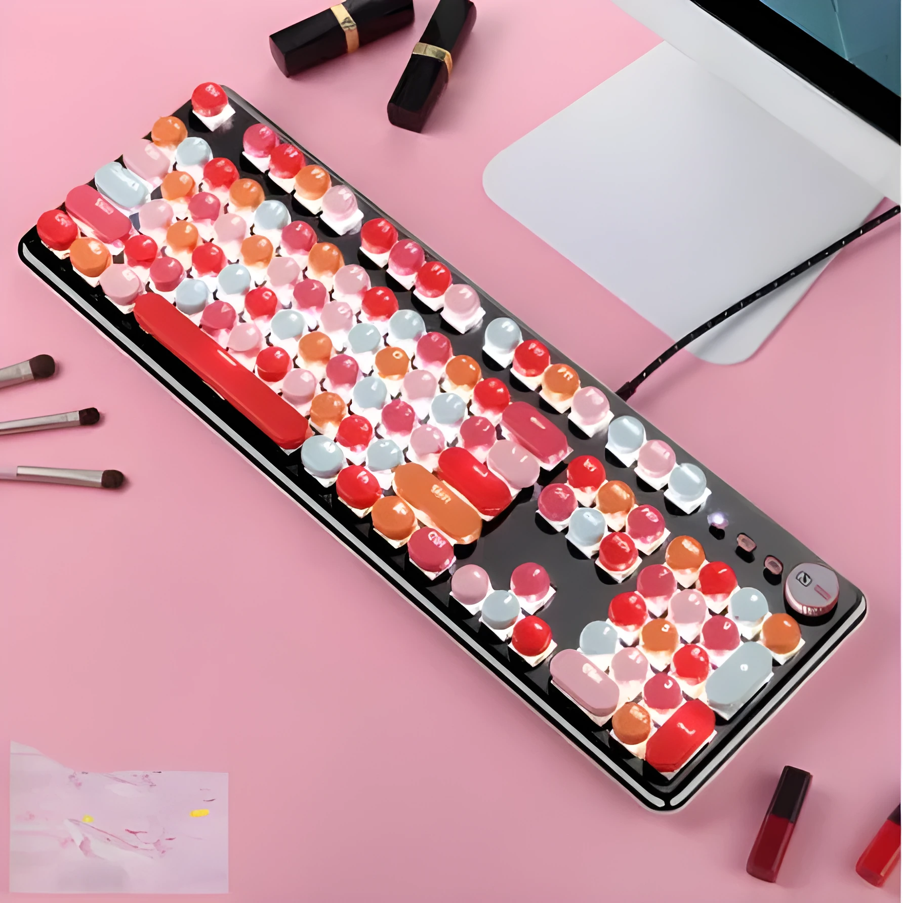 Macaron wired mechanical keyboard and green axis mouse set in rose red with white light cyan shaft