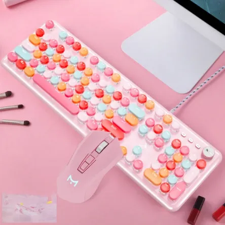 Macaron wired mechanical keyboard and green axis mouse set in rose red with white light cyan shaft