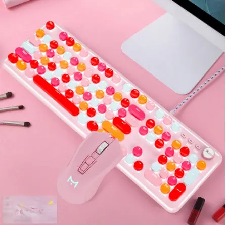 Macaron wired mechanical keyboard and green axis mouse set in rose red with white light cyan shaft