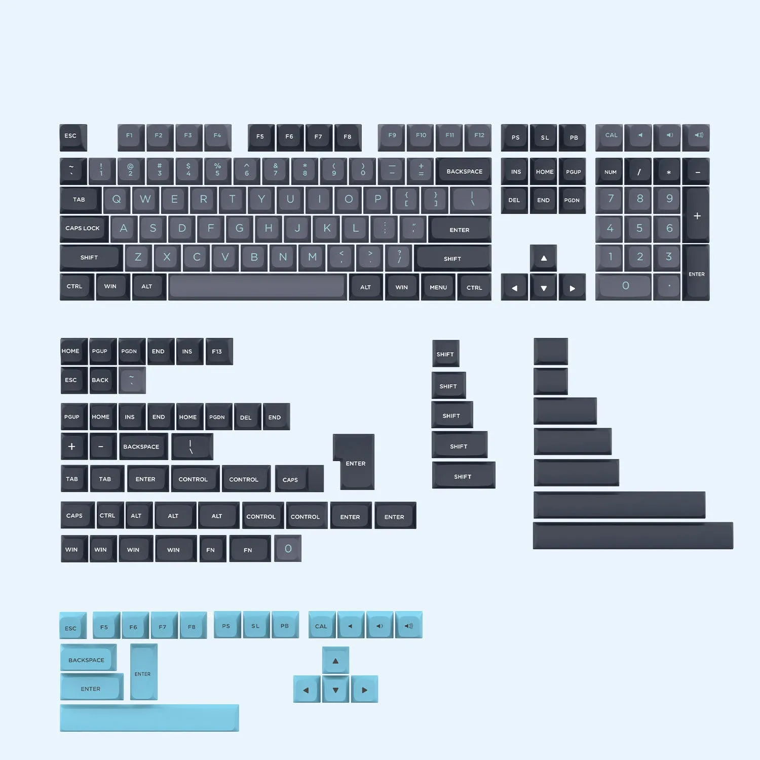 189-key PBT keycap set in Klein Blue, compatible with MX mechanical switches, featuring secondary forming legends