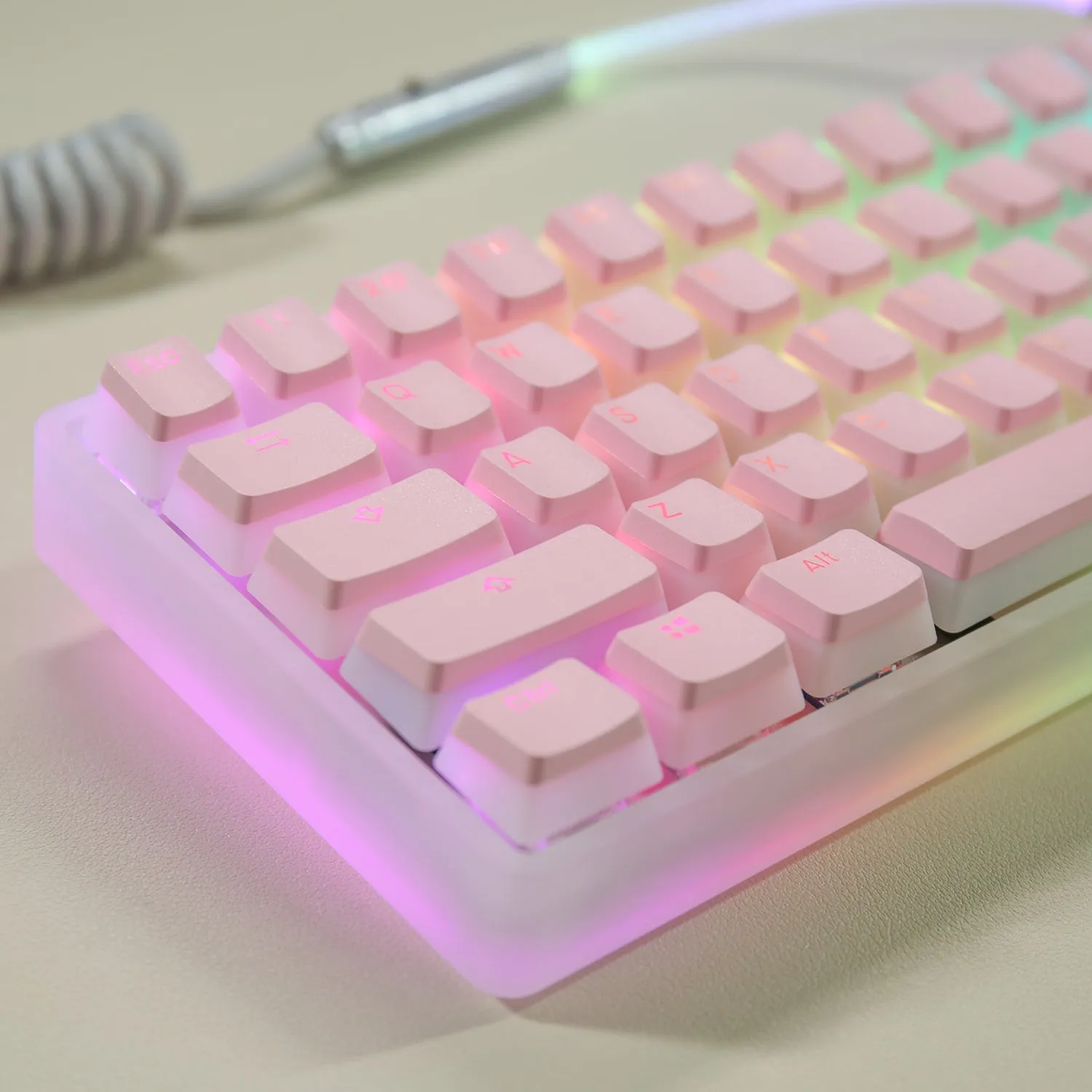 Double Skin Milk Pudding Transparent PBT key cap set in pink colour for mechanical keyboards with RGB backlighting