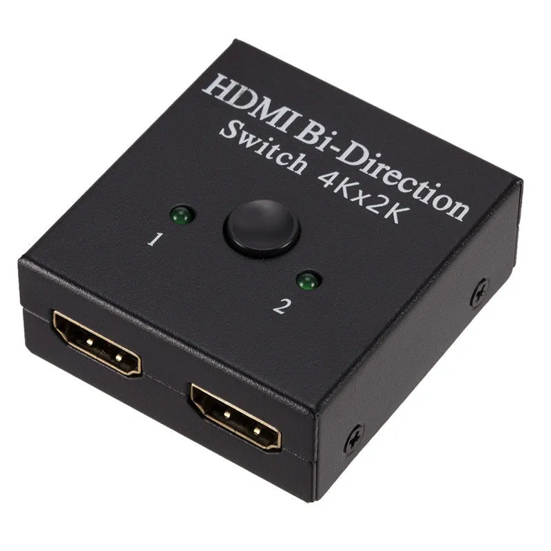 Black HDMI switcher with two input ports and one output port for 4K 2K video switching
