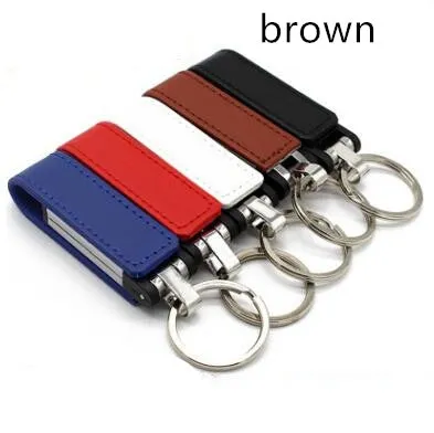 Leather USB 2.0 flash drive keychain in black with 16GB capacity and key ring